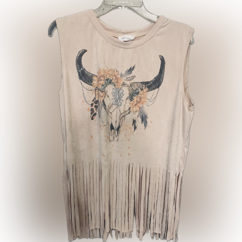 Fringe Sleeveless Top with Floral Skull Design